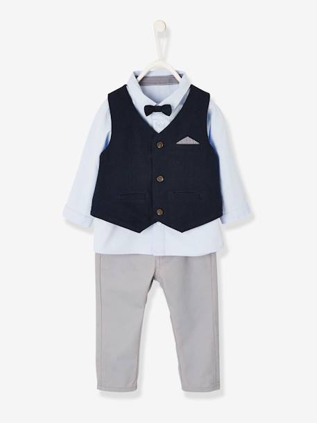 Festliches Jungen Baby-Set: Hemd, Hose, Weste & Fliege Oeko-Tex, Bundweite verstellbar blau/nachtblau/grau 3