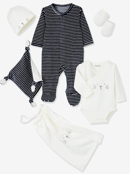 5-teiliges Baby-Set mit Beutel, Print mit Katze oder Hund Oeko Tex wollweiß katze/nachtblau gestr 7