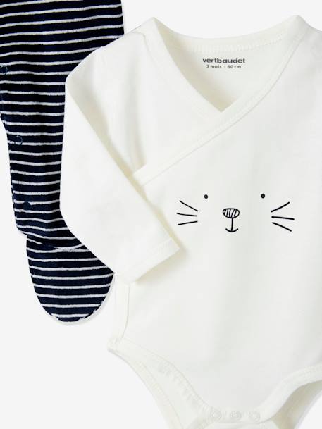 5-teiliges Baby-Set mit Beutel, Print mit Katze oder Hund Oeko Tex wollweiß katze/nachtblau gestr 3