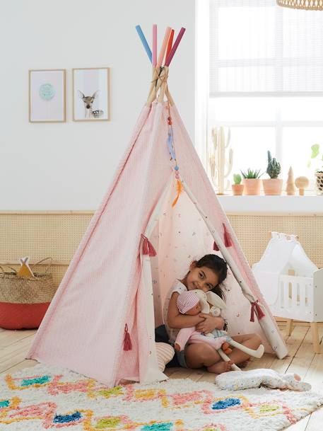 Kinder Spielzelt PETITE SIOUX, wendbares Tipi mit Holzstangen, FSC® - rosa/wollweiß bedruckt - 3