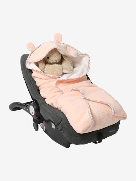 Einschlagdecke für Babyschale, Musselin Oeko-Tex, personalisierbar - karamell+rosa blumenwiese - 9