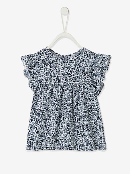 Mädchen Baby T-Shirt, Blumen Oeko-Tex marine bedruckt+türkis 1