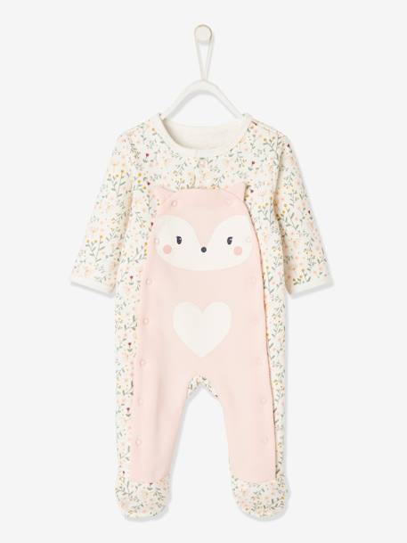 Mädchen Baby Strampler mit Tiermotiv, Öffnung vorn Oeko Tex - hellbeige geblümt fuchs - 1