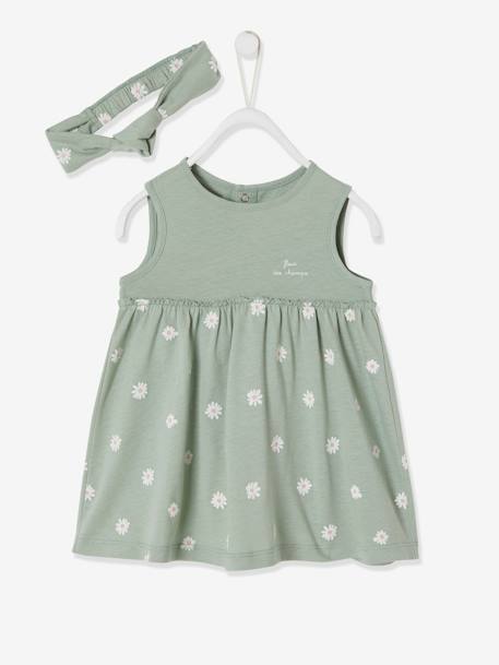 Kleid mit Haarband für Mädchen Baby graugrün bedruckt+wollweiß+zartrosa 2