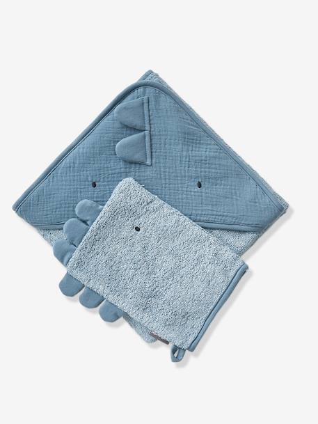 Baby Kapuzenbadetuch & Waschhandschuh KLEINER DINO Oeko Tex blau+grün 3