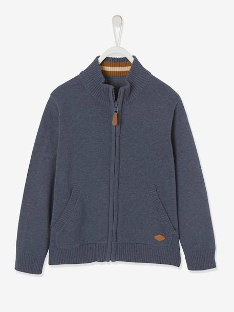 Jungen Cardigan, Stehkragen, personalisierbar - blau meliert+tanne+wollweiß meliert - 1