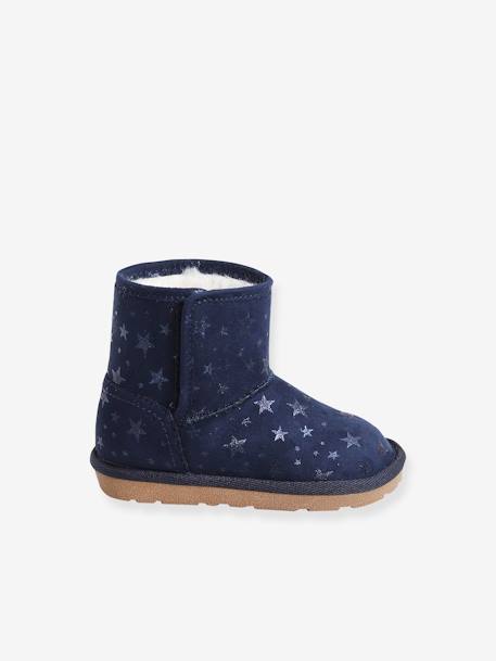 Gefütterte Mädchen Baby Winterstiefel - camelfarben glanzeffekt+marine sterne glanzeffekt - 7