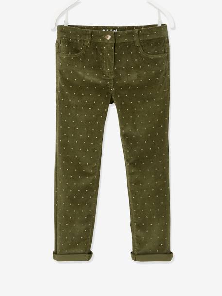 Mädchen Slim-Fit-Cordhose, Hüftweite COMFORT, Glanztupfen - khaki bedruckt+marine bedruckt - 2