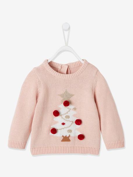 Baby Weihnachtspullover, Tannenbaum mit Pompons Oeko-Tex zartrosa 1