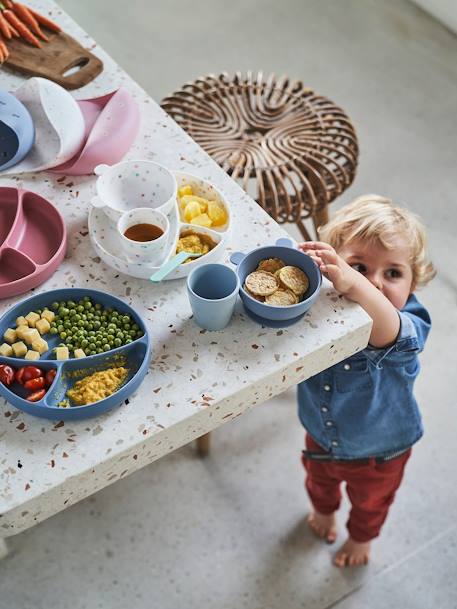 Baby Lätzchen mit Auffangschale, Silikon altrosa margeriten+blau autos+weiß mehrfarbig getupft 4