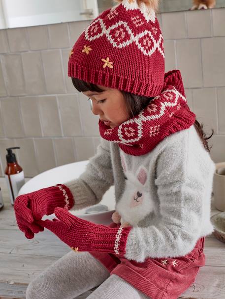 Mädchen-Set aus Jacquardstrick: Mütze, Schal & Handschuhe - himbeere - 6