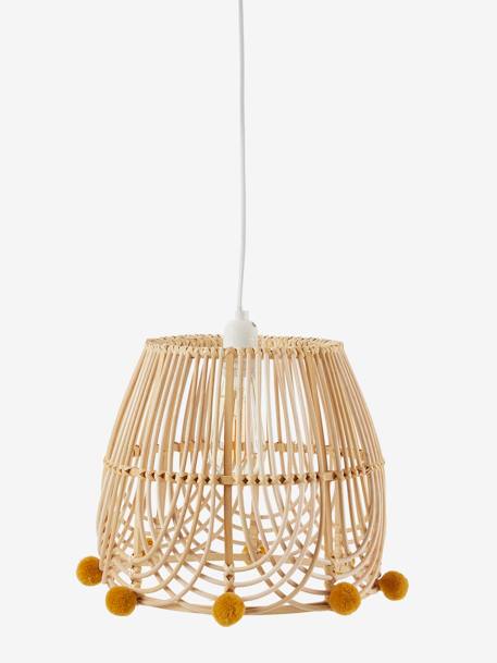 Kinderzimmer Lampenschirm aus Rattan BOHO natur/gelbe pompons 7