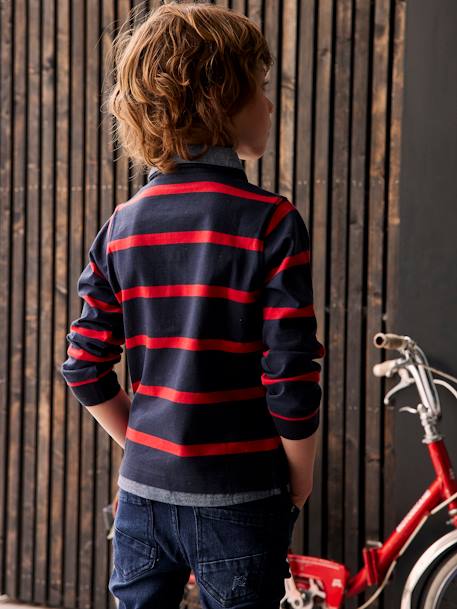 Jungen Poloshirt mit Lageneffekt dunkel blau+dunkelrot+englischgrün+hellgrau meliert+marine+rot gestreift 23