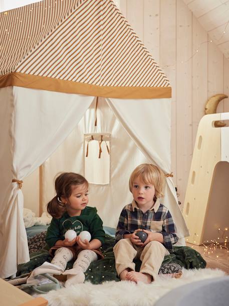 Kinder Spielzelt, Spielhaus aus Stoff/Holzstangen wollweiß/senfgelb 4