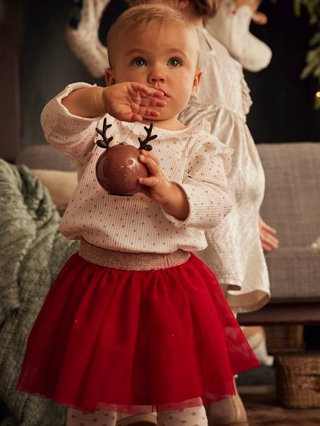 Baby Weihnachts-Geschenkset: Shirt & Tüllrock - wollweiß bedruckt - 10