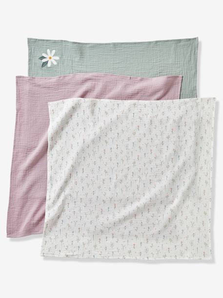 3er-Pack Baby Wickeltücher PROVENCE Oeko Tex - violett/wollweiß/grün - 2