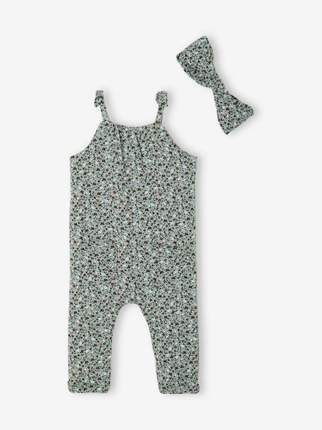 Mädchen Baby-Set: Overall & Haarband Oeko-Tex - graugrün/braun+hellrosa+nachtblau+weiß geblümt - 6