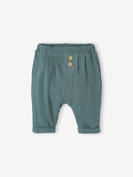 Baby Hose, Musselin - aquamarin+braun+graugrün+weiß+weiß bedruckt+wollweiß - 4