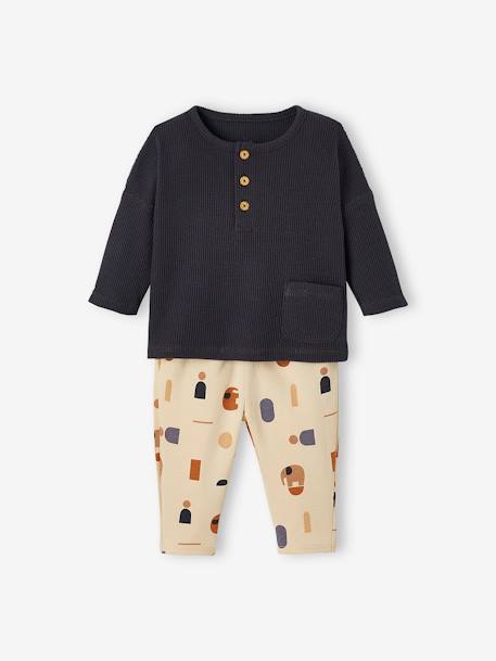 Baby-Set: Shirt & Sweathose Oeko-Tex dunkelgrau/hellbeige bedruckt+khaki 3