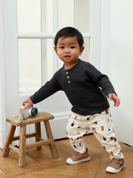 Baby-Set: Shirt & Sweathose Oeko-Tex dunkelgrau/hellbeige bedruckt+khaki 1