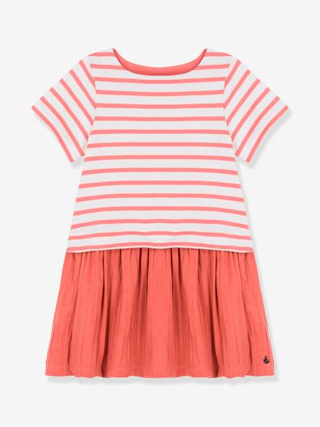 Mädchen Kleid aus Bio-Baumwolle PETIT BATEAU weiß/koralle gestreift 1