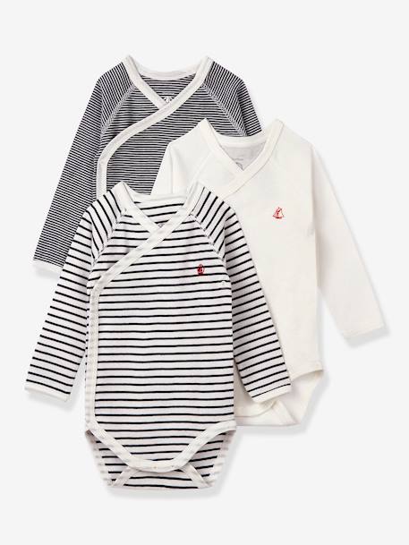 3er-Pack Baby Wickelbodys, Bio-Baumwolle Oeko-Tex PETIT BATEAU - gestreift+weiß+grau - 1