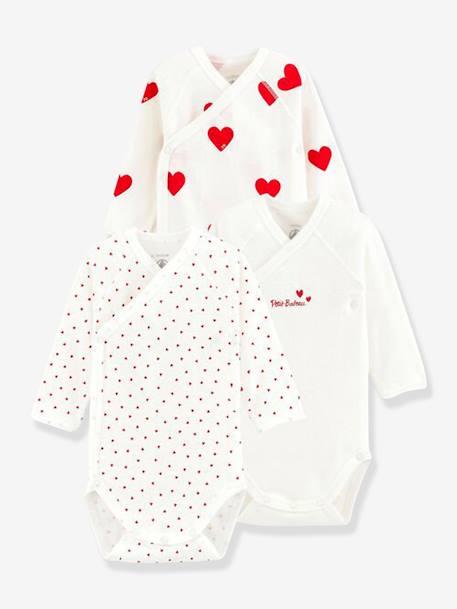 3er-Pack Baby Langarm-Wickelbodys, Bio-Baumwolle Oeko-Tex PETIT BATEAU weiß+bedruckt+herzen 1