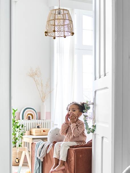 Kinderzimmer Lampenschirm aus Rattan BOHO natur/gelbe pompons 4