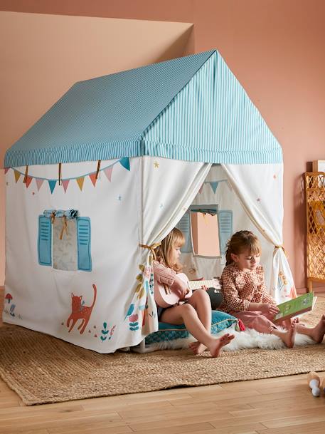 Kinder Spielzelt, Spielhaus aus Baumwollstoff/Holzstangen blau/mehrfarbig bedruckt 1