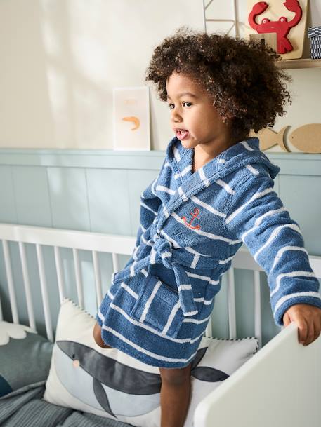 Kinder Bademantel Oeko Tex, personalisierbar blau/weiß gestreift 2