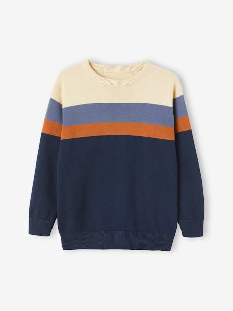 Jungen Feinstrickpullover mit Streifen Oeko-Tex - grau meliert+tannengrün+wollweiß gestreift - 8