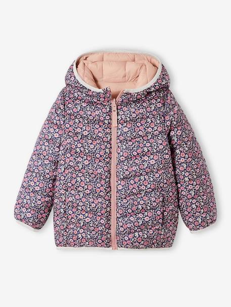 Wendbare Mädchen Light-Steppjacke, Kapuze, Recycling-Polyester anthrazit bedruckt+hellbeige bedruckt+nachtblau+rosa bedruckt 2