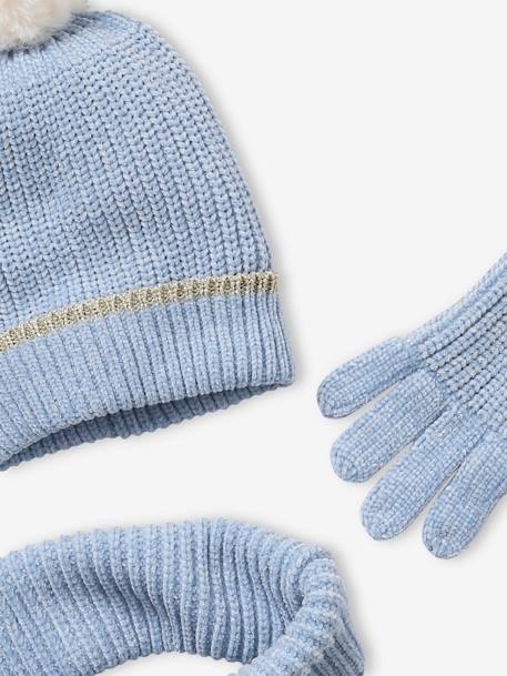 Mädchen Strick-Set: Mütze, Rundschal & Handschuhe, Chenille - hellblau - 6