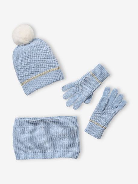 Mädchen Strick-Set: Mütze, Rundschal & Handschuhe, Chenille - hellblau - 1