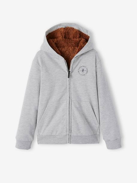 Jungen Kapuzensweatjacke, Teddyfleece-Futter - anthrazit meliert+dunkelbraun+grau meliert - 1