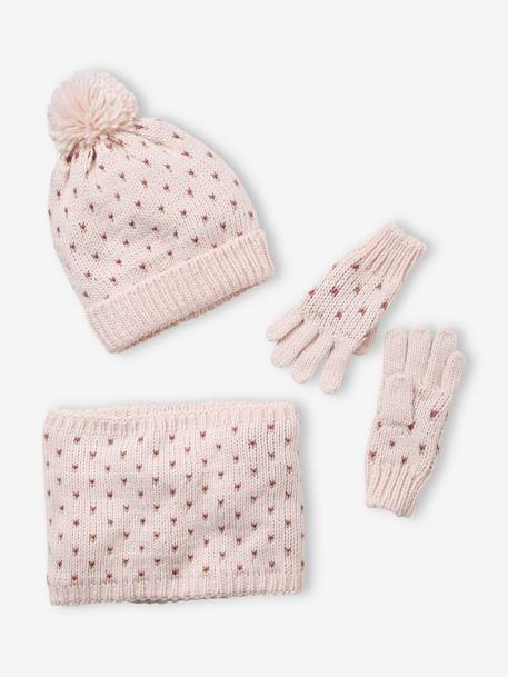 Mädchen Set: Mütze, Loopschal & Handschuhe, Herzen BASIC nachtblau bedruckt+rosa 8