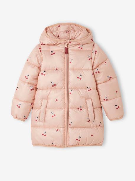 Lange Mädchen Steppjacke mit Recycling-Polyester rosa bedruckt 1