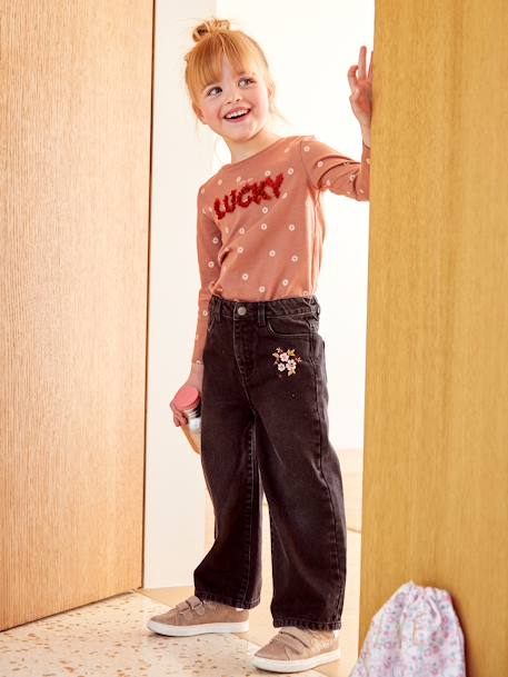 Weite Mädchen Jeans, Blumenstickerei, Bundweite verstellbar schwarz bedruckt 2