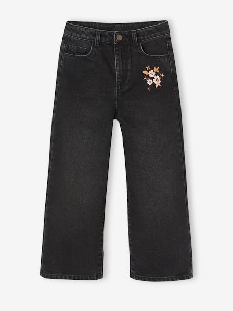 Weite Mädchen Jeans, Blumenstickerei, Bundweite verstellbar schwarz bedruckt 4