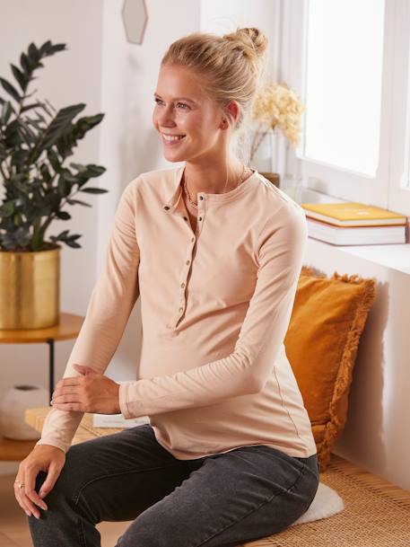 Henley-Shirt, Schwangerschaft & Stillzeit Oeko-Tex - beige+schwarz - 2