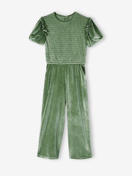 Gesmokter Mädchen Jumpsuit, Glitzersamt - grün - 2