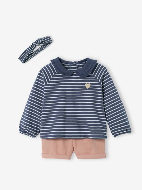 Baby-Set: Samt-Shorts, Shirt & Haarband dunkelblau gestreift 1