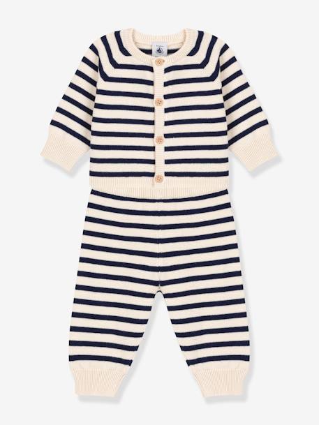 Baby-Set: Strickjacke & Hose PETIT BATEAU, Wolle/Baumwolle weiß bedruckt 1