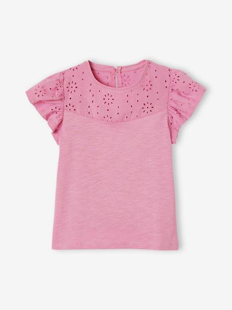 Mädchen T-Shirt mit Volantärmeln und Lochstickerei Oeko-Tex dunkelrosa+fuchsia+koralle+marine+weiß 1