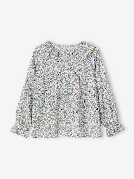 Mädchen Bluse mit Blumen - aqua+rosa+tannengrün+wollweiß - 17