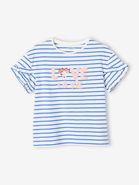 Mädchen T-Shirt mit Pailletten-Applikation - blau gestreift+himmelblau+marine+wollweiß gestreift - 2