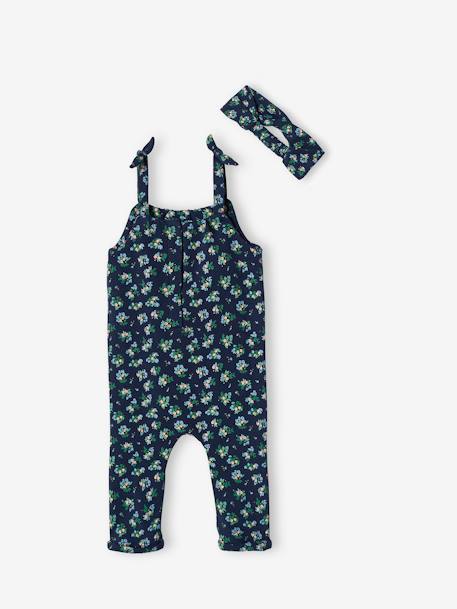 Mädchen Baby-Set: Overall & Haarband Oeko-Tex graugrün/braun+hellrosa+nachtblau+weiß geblümt 19