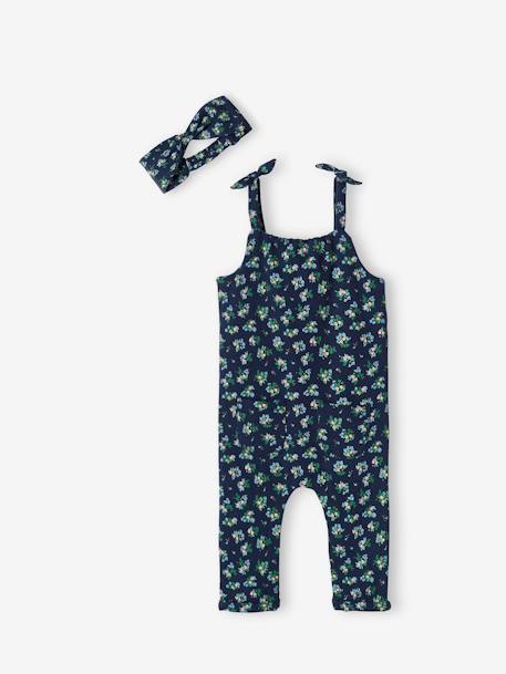 Mädchen Baby-Set: Overall & Haarband Oeko-Tex graugrün/braun+hellrosa+nachtblau+weiß geblümt 17