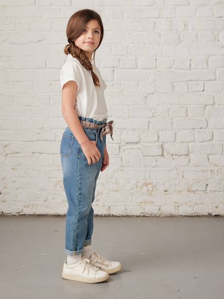 Mädchen Paperbag-Jeans mit Blumen-Gürtel - blue stone+dark blue+grauer denim - 3