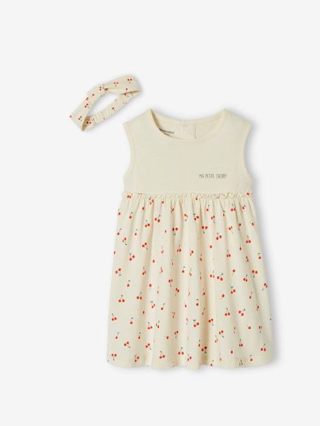 Kleid mit Haarband für Mädchen Baby graugrün bedruckt+wollweiß+zartrosa 8